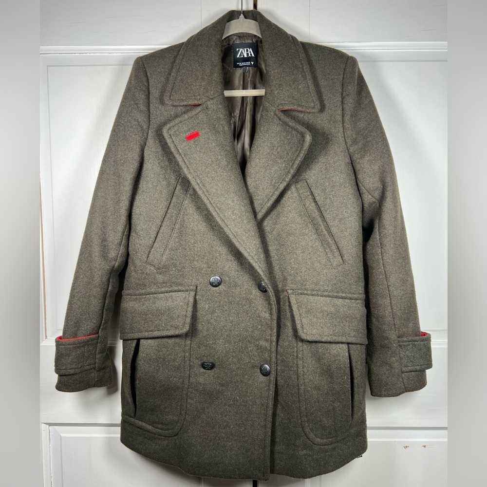 Zara Olive Green/Red Wool Blend Coat Excellent Condition XS - Picture 4 of 9